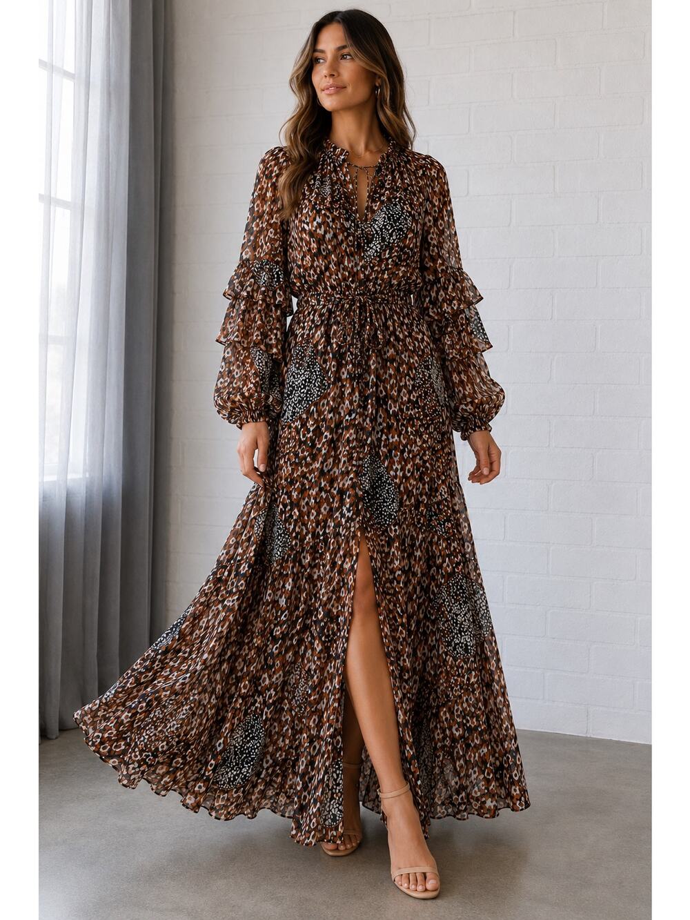 Topshop Sheer Leopard Print Maxi Dress UK 12 US 8 Tie Neck Balloon Sleeve Boho